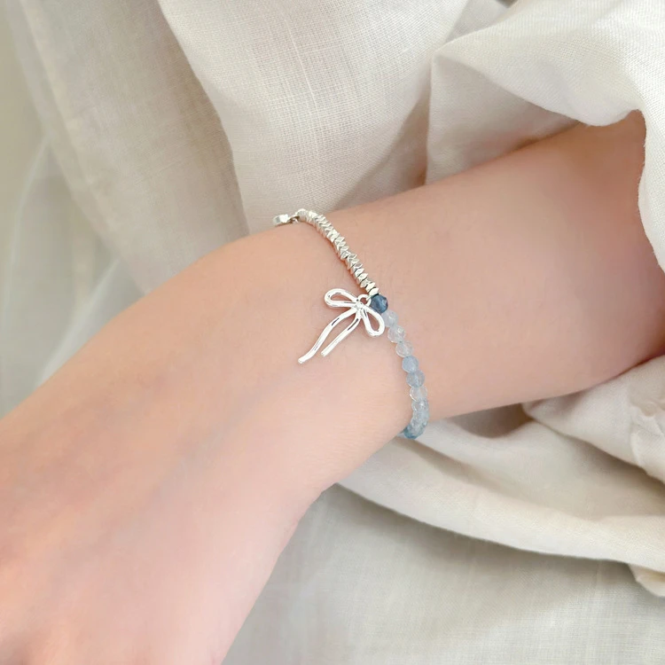 明瑜S925纯银蝴蝶结碎银子海蓝手链女甜美芭蕾少女小众设计手串