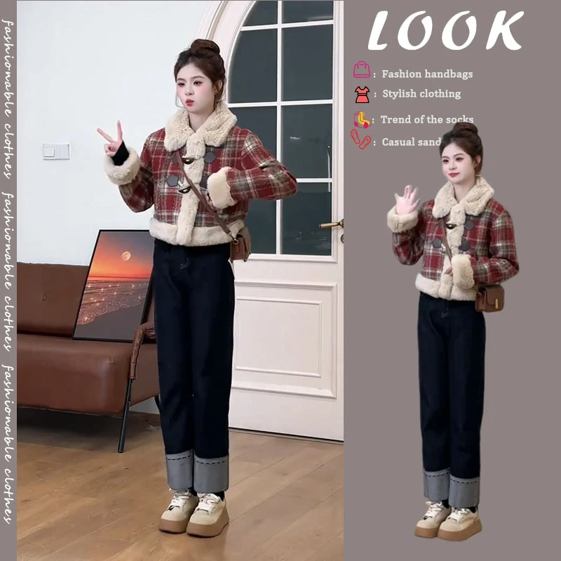 秋冬时尚穿搭一整套女2025新款复古气质短款外套高腰牛仔裤两件套