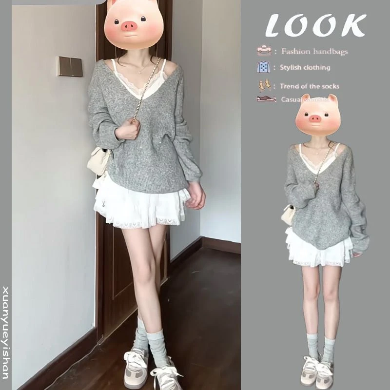 韩系氛围感穿搭秋冬季2025新款纯欲吊带针织毛衣高腰短裙两件套装