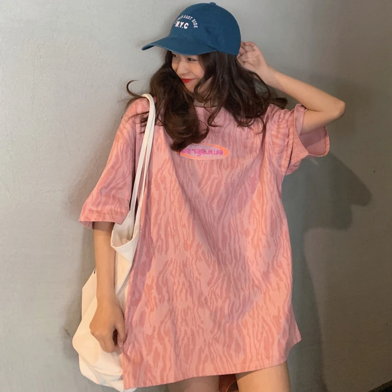 美式复古斑马纹短袖t恤女宽松韩版ins原宿风chic港味韩风半袖上衣