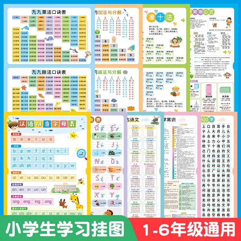 【9.9元全套9张】高清儿童学习挂图全套 拼音字母乘除加减口诀表