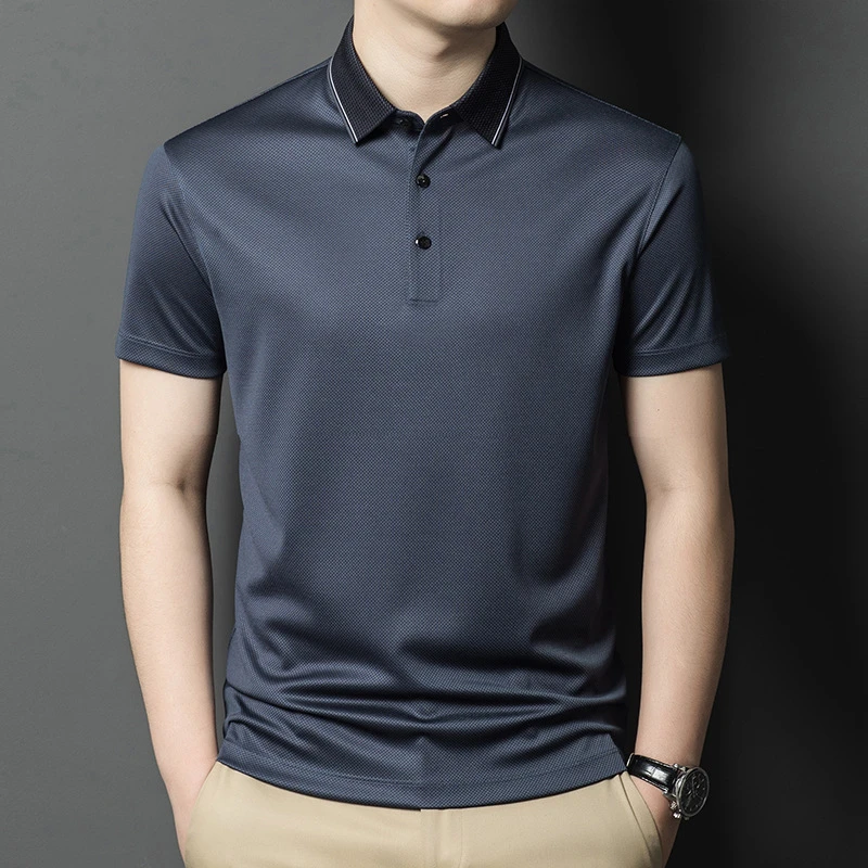 夏季桑蚕丝短袖t恤男士翻领中年商务休闲纯色体恤半袖上衣polo衫