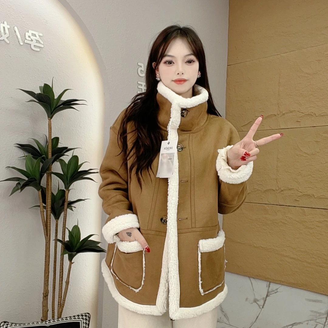 2024冬季新品时尚洋气百搭韩版加绒加厚冬款皮毛一体外套-00018