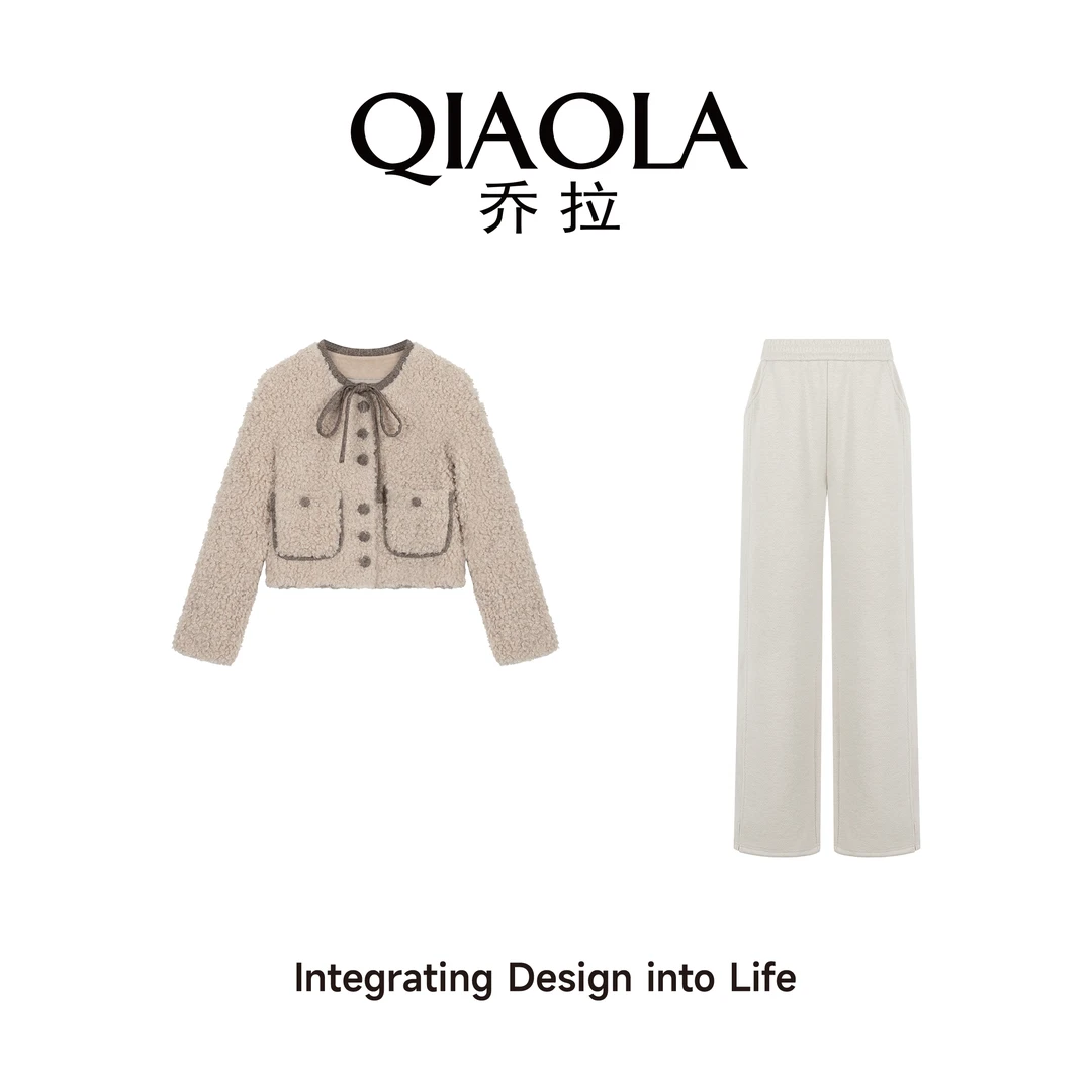 QIAOLA/乔拉【丹麦雪景】秋冬季仿骆驼绒圆领绑带百搭时尚套装预售