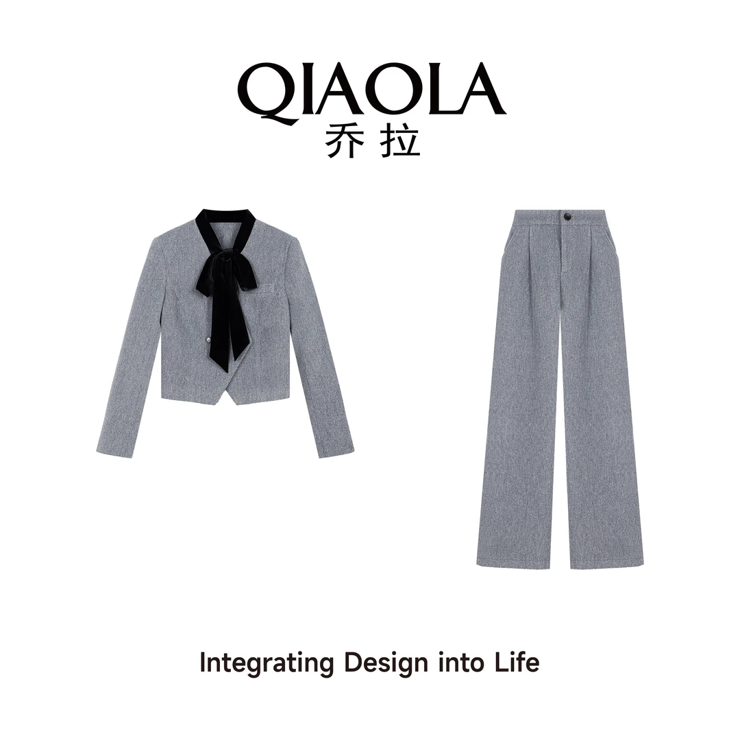 QIAOLA/乔拉【日出时分】秋冬季毛呢丝绒绑带轻奢长裤时尚套装预售