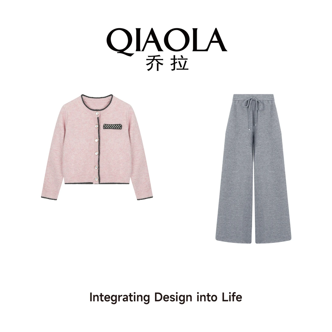 QIAOLA/乔拉【浪漫桃心】秋冬季百花绒圆领单排扣百搭时尚套装预售