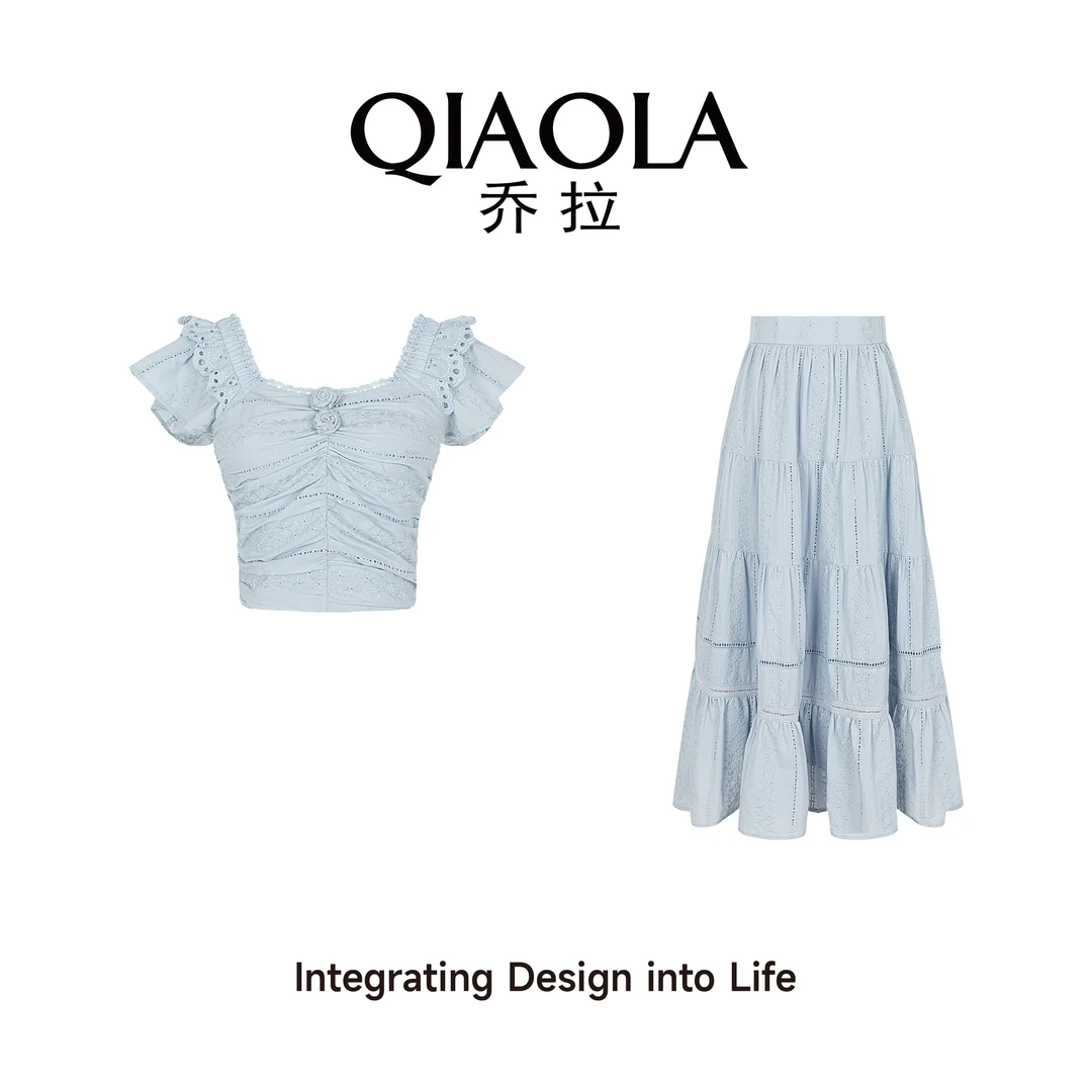 QIAOLA/乔拉【水色蔷薇】夏季肌理蕾丝方领小飞袖上衣裙子预售