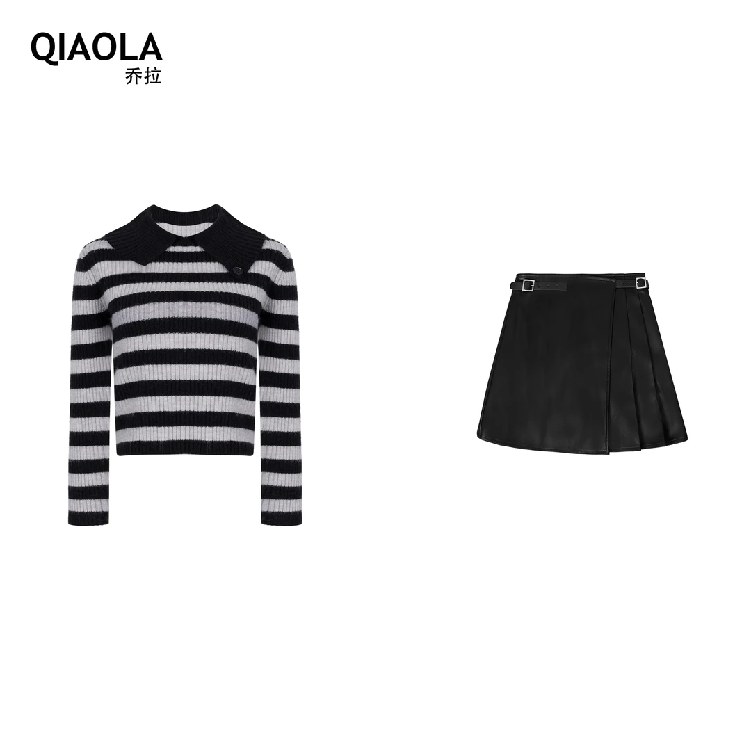 QIAOLA/乔拉【洛斯学院】秋冬款北极绒翻领皮革压褶时尚套装预售