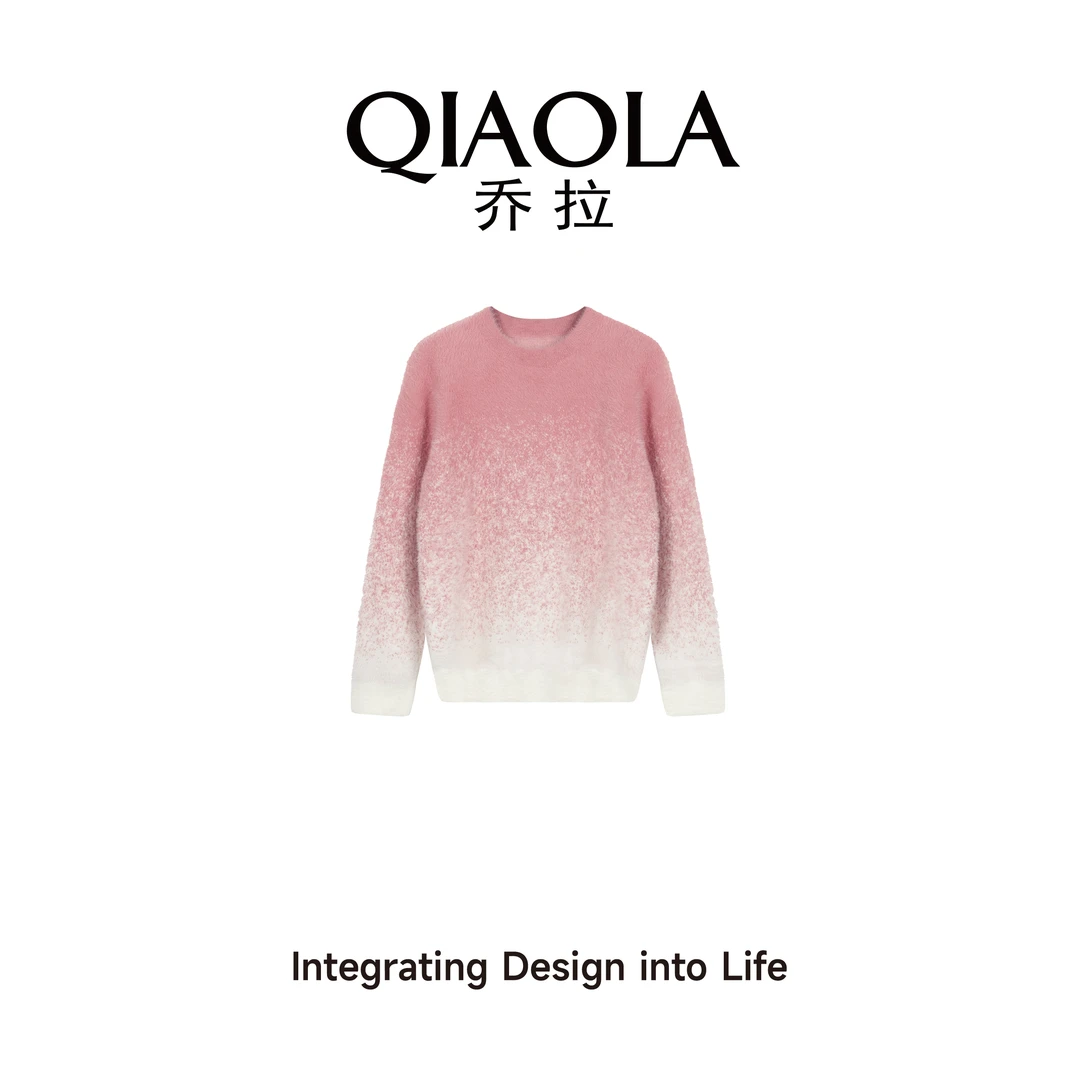 QIAOLA/乔拉【微醺蜜桃】秋冬季仿貂毛渐变色圆领慵懒毛衣上衣预售