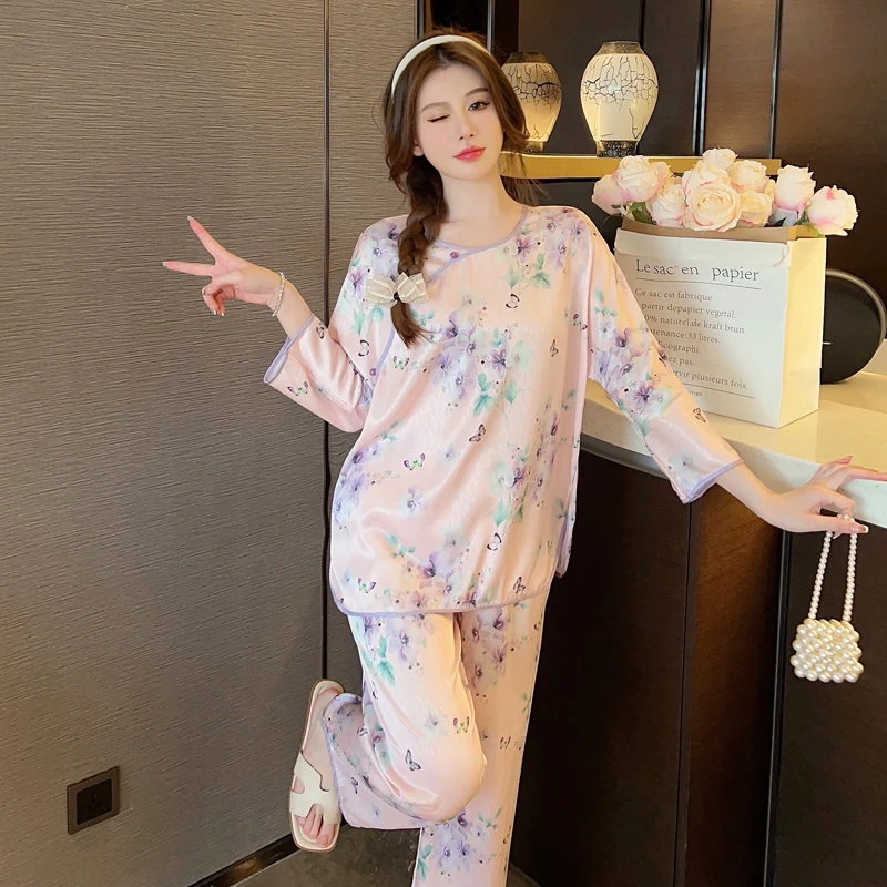 国风新中式睡衣女夏冰雪丝睡衣女士高级感春夏复古盘扣家居服套装