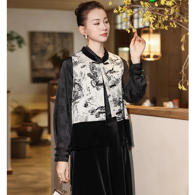 上衣马甲个性国潮马夹中国风印花休闲潮流无袖立领中式民族风气质