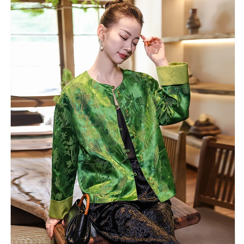 新款端庄大气新中式高级感国风提花时尚长袖夏季圆领外套宽松上衣