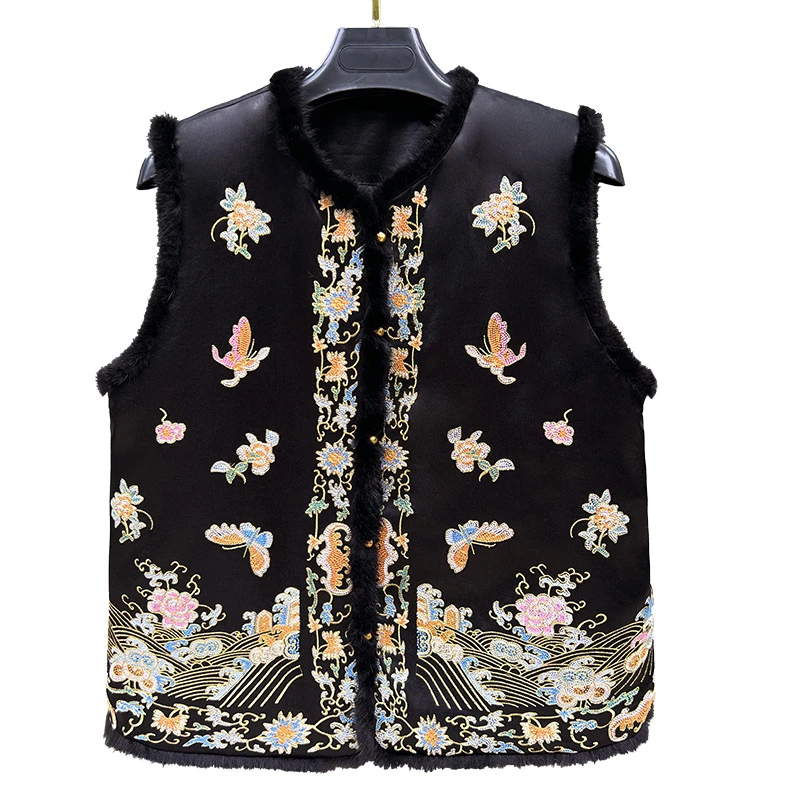 新中式加棉秋冬新品女装圆领国风唐装高级水貂宋锦毛边马甲背心