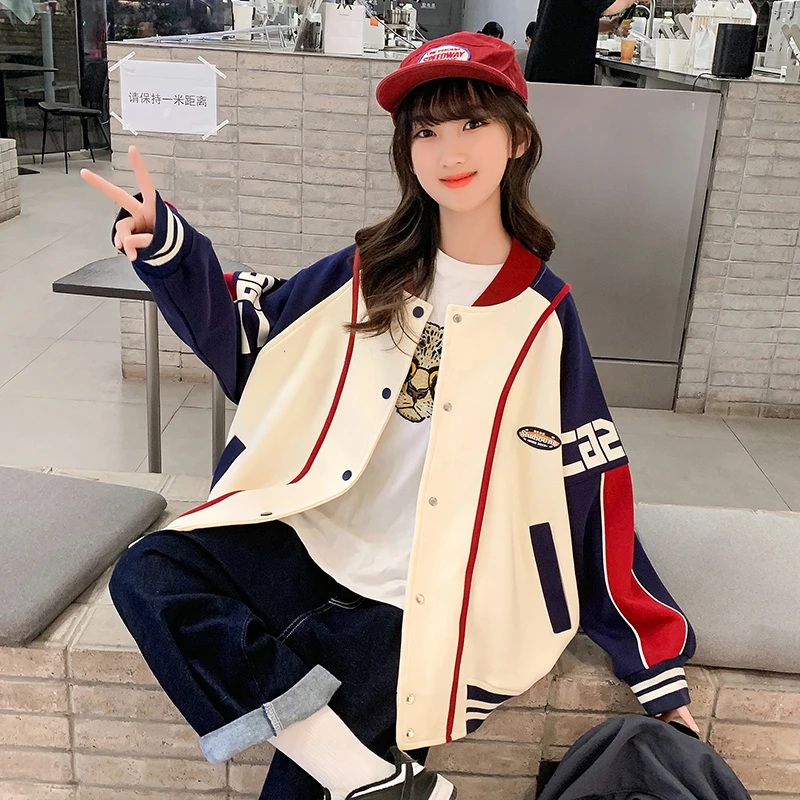 春秋季撞色织带拼接棒球服中大童15小女孩学生开衫上衣宽松外套