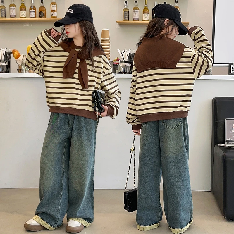 女童条纹披肩卫衣春秋2024新款中大儿童宽松女孩圆领百搭童装上衣