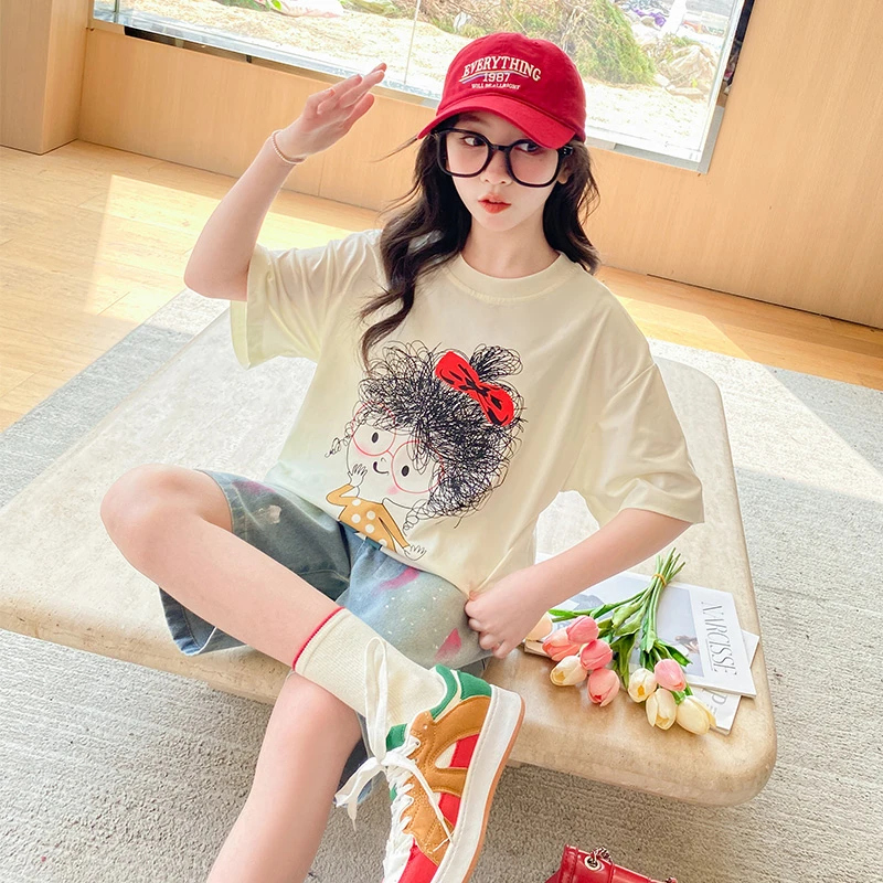女童夏季套装2024新款夏装时尚洋气休闲半袖印花T恤中大童两件套