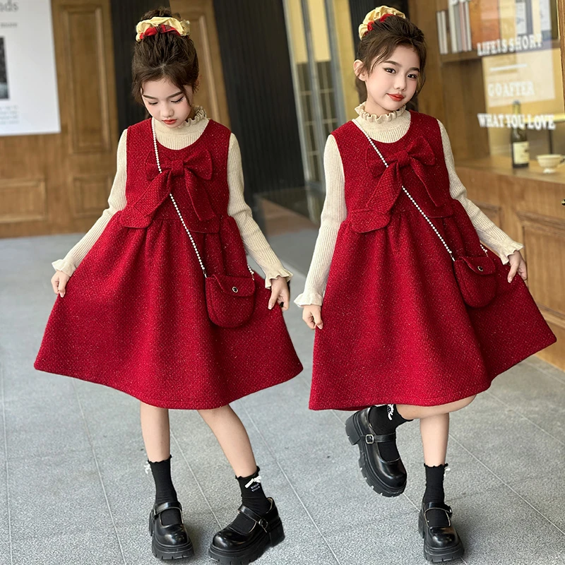 女童新年毛衣年服连衣裙2024新款洋气时尚红色小女孩秋冬新年装