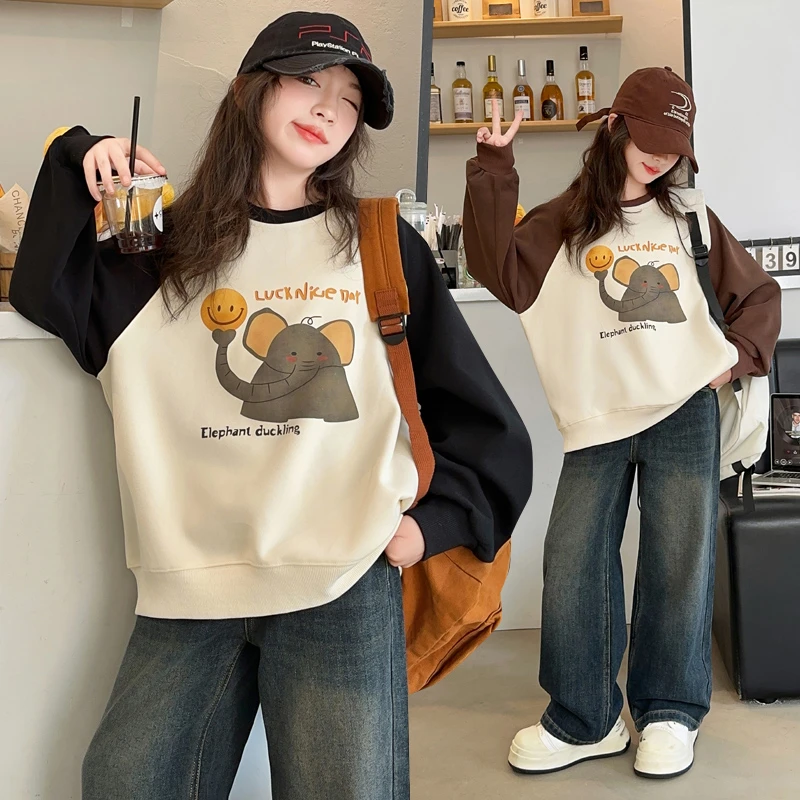 女童春秋卫衣2024新款大象笑脸印花中大童儿童拼色圆领套头打底衫