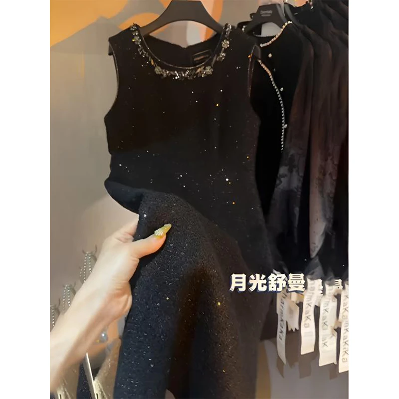 2025春季新款法式黑色小香风闪钻背心裙女时尚气质名媛无袖连衣裙