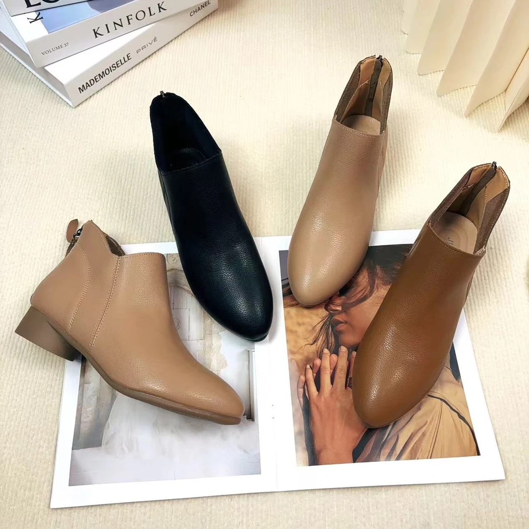 【朵苮品牌】2024秋冬季真皮尖头女鞋新款软皮后拉链女短靴7388