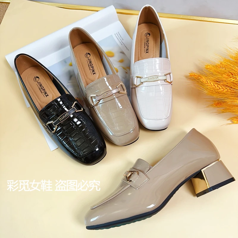 2025夏秋漆皮乐福鞋真软皮粗跟单鞋女妈妈时尚百搭皮鞋7851
