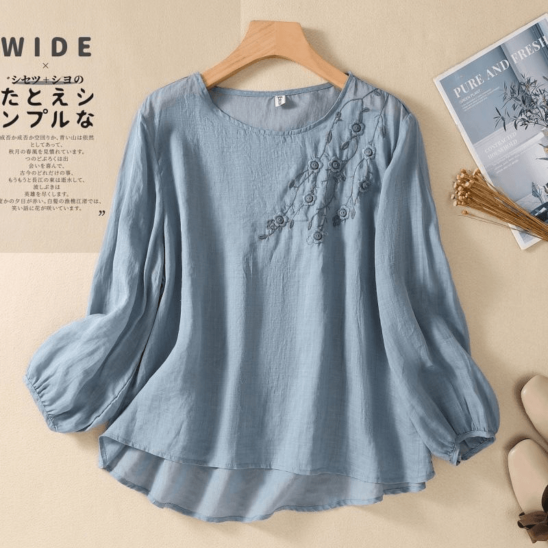 棉麻打底衫上衣大码宽松T恤女2024新款刺绣圆领薄款透气