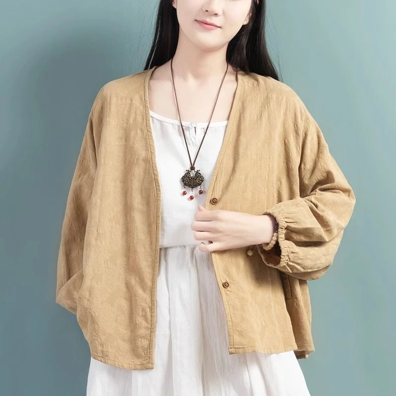 【棉麻提花开衫】春夏防晒上衣女中国风复古文艺长袖V领大码宽松