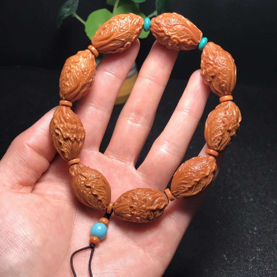 橄榄核雕刻白菜百财手串老油核橄榄胡雕刻配饰文玩男女手链包邮