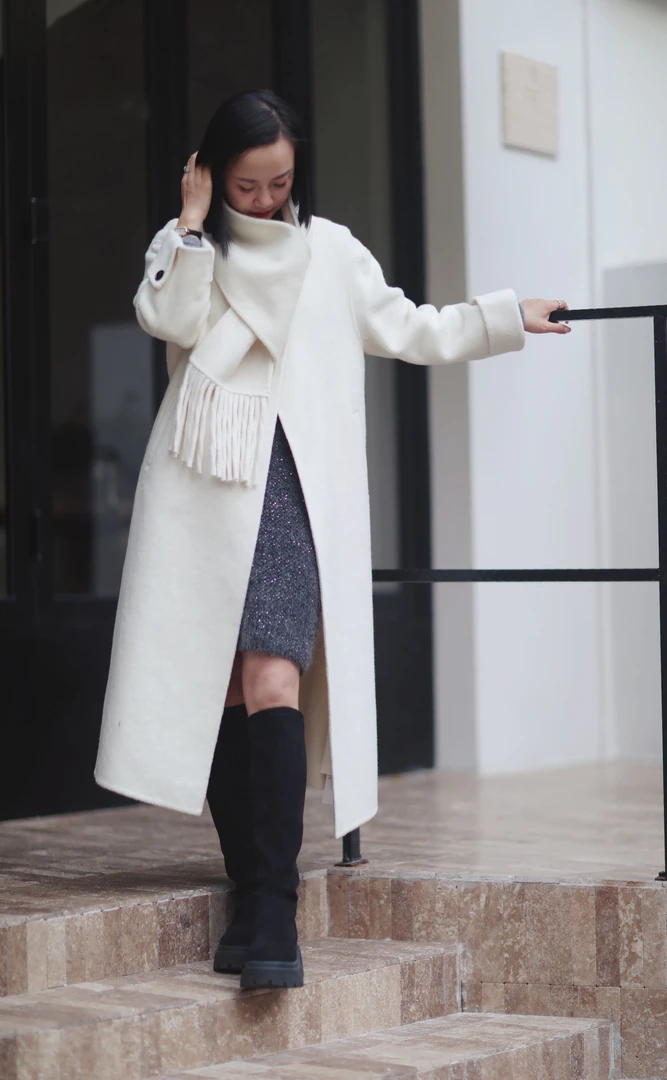 2024秋冬流苏围巾可拆卸双面羊毛大衣长款毛呢外套宽松韩版高级感