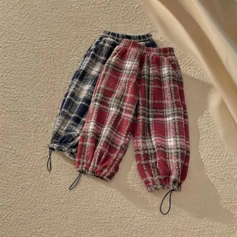 儿童裤子2025新款男童春秋格子裤休闲裤女童宝宝宽松长卫裤阔腿裤