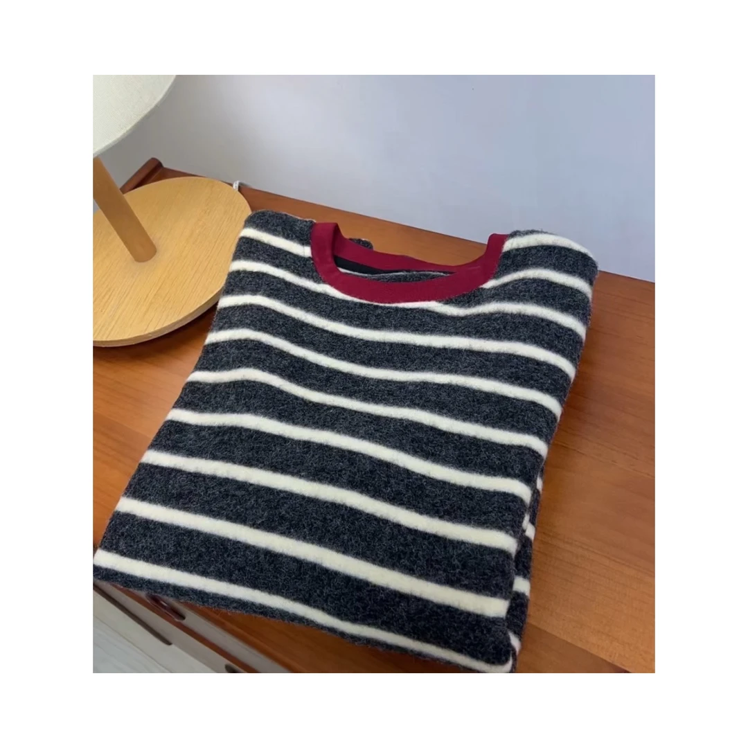 ［保暖双面绒］条纹百搭休闲通勤外穿套头慵懒风中长款秋季磨毛上衣