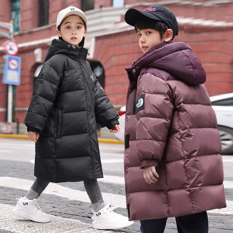 女童羽绒服冬装中长款过膝三防面料冬季加厚保暖羽绒防寒男童外套