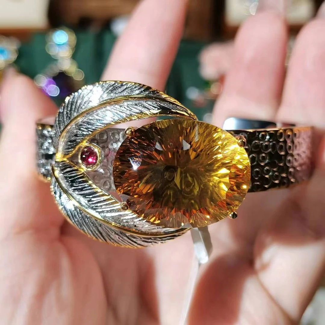 天然黄水晶/意大利工艺/手镯/s925银/高级珠宝/礼物镶嵌重工彩色