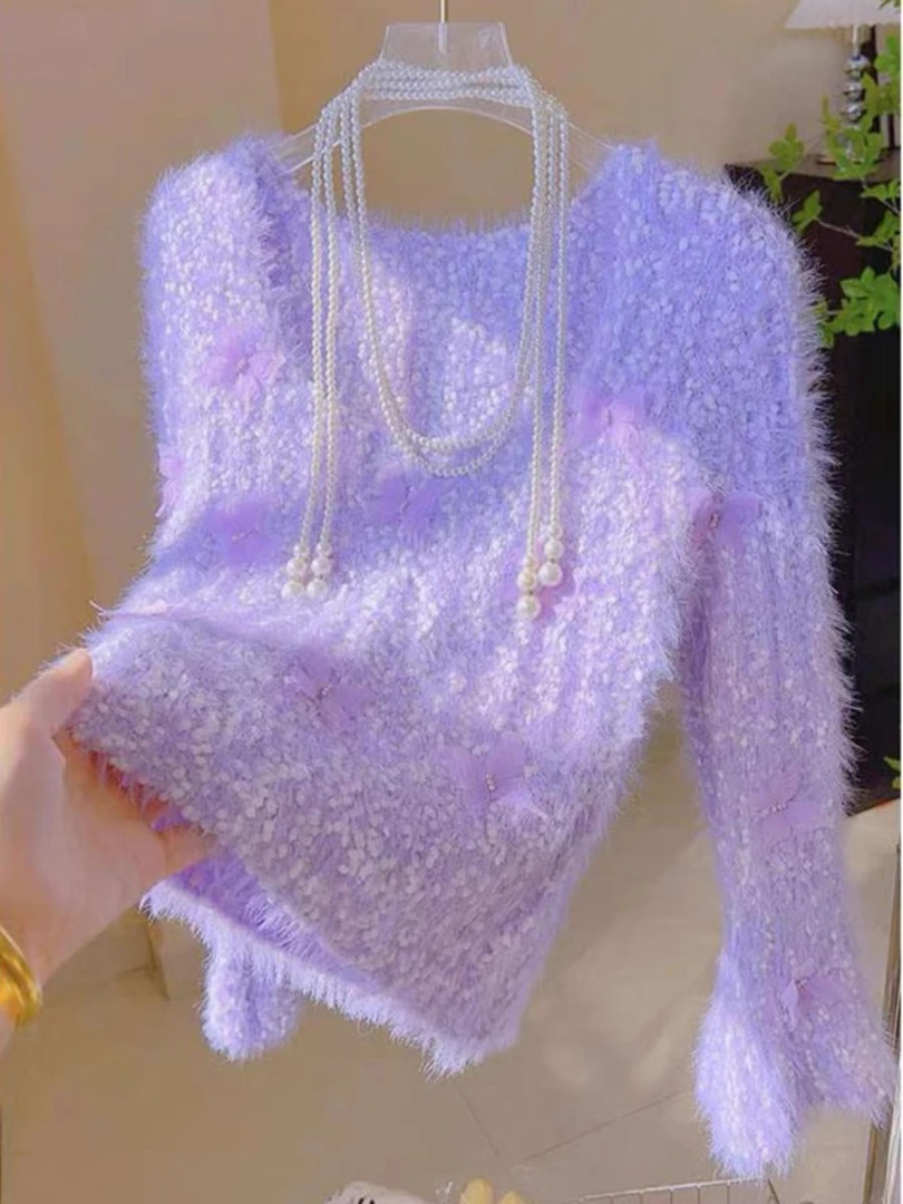 紫色立体钉珠蝴蝶毛衣女2024秋冬新款软糯高级感针织衫