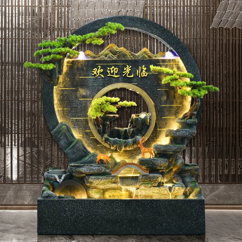 假山水幕墙圆形流水墙屏风隔断庭院装修公司大厅前台玄关流水摆件