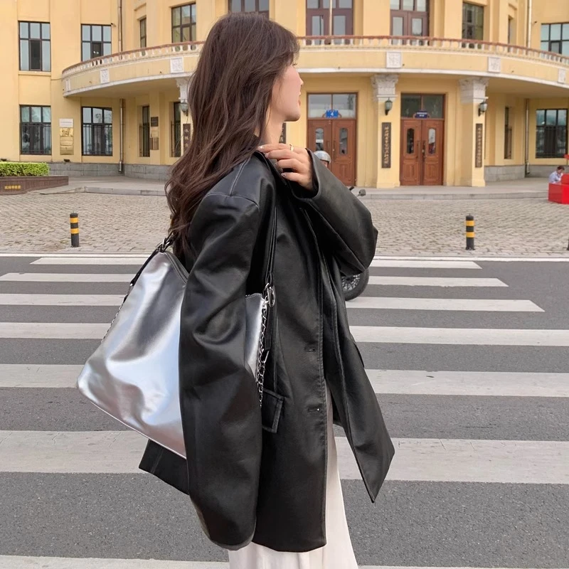 高级感复古黑色西装皮衣外套女2025秋冬新款韩系宽松休闲夹克上衣