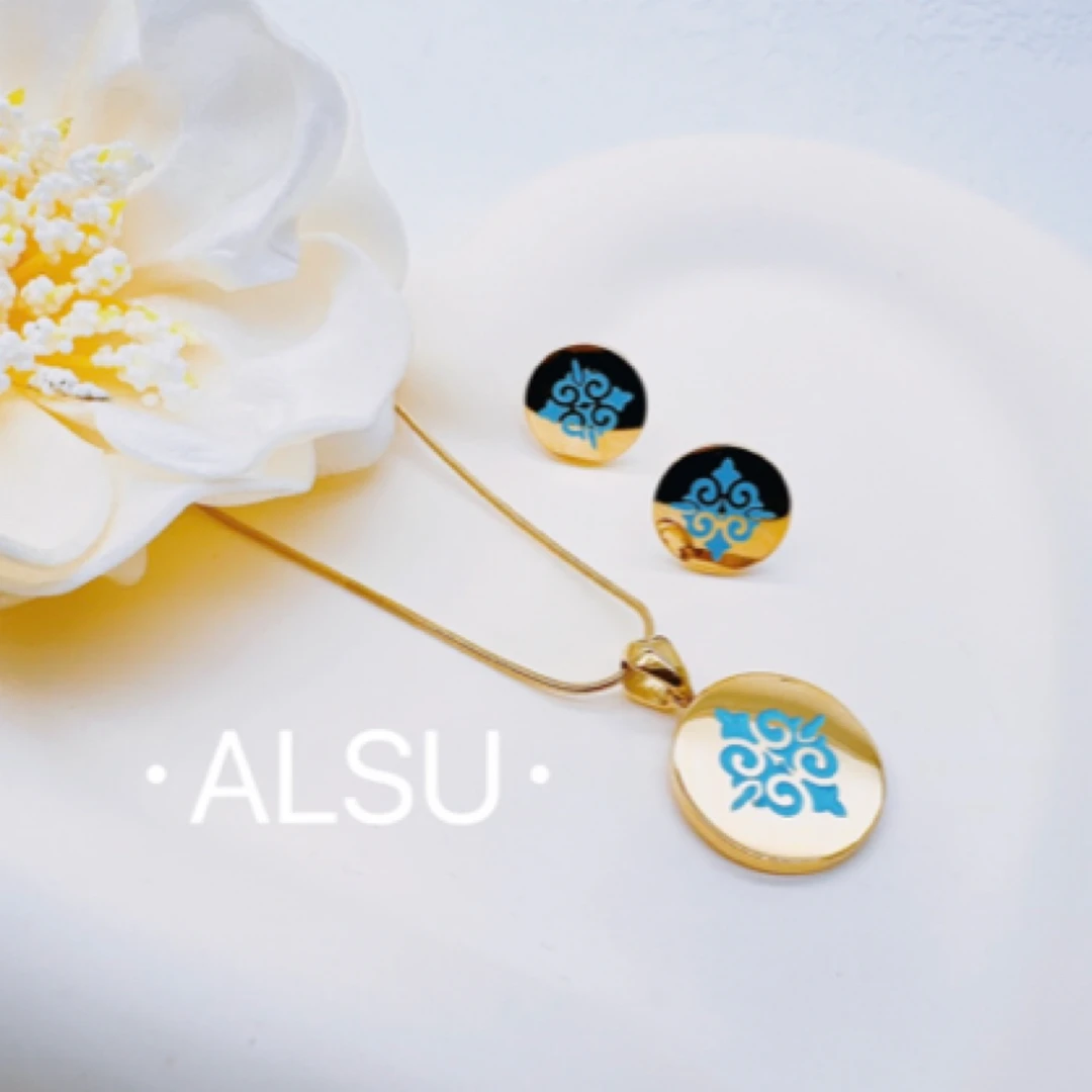 合金项链 ALSU原创新款蒂芙尼蓝民族风项链耳钉两件套时尚轻奢