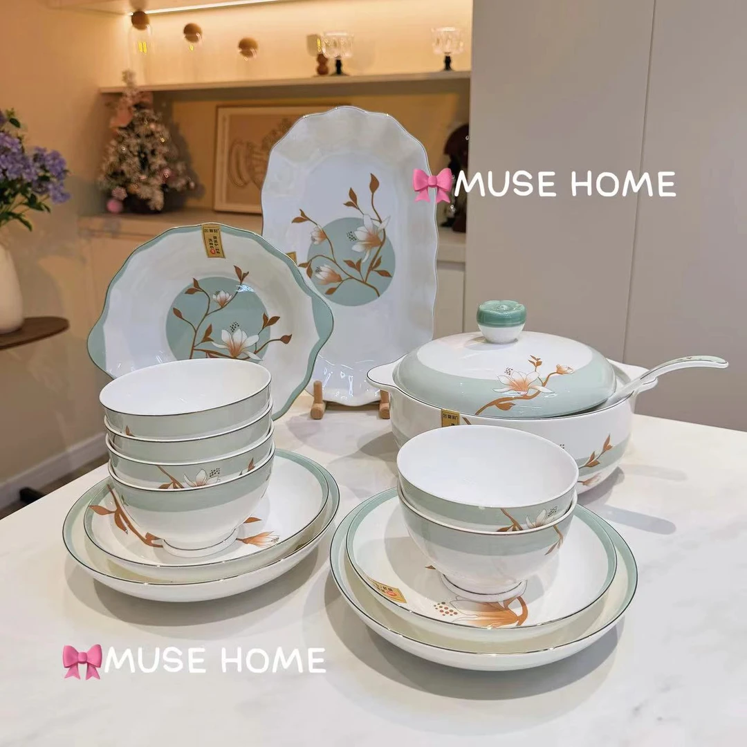 【清欢14件套装】陶瓷餐具送礼乔迁碗盘叠组合深盘米饭碗简约轻奢