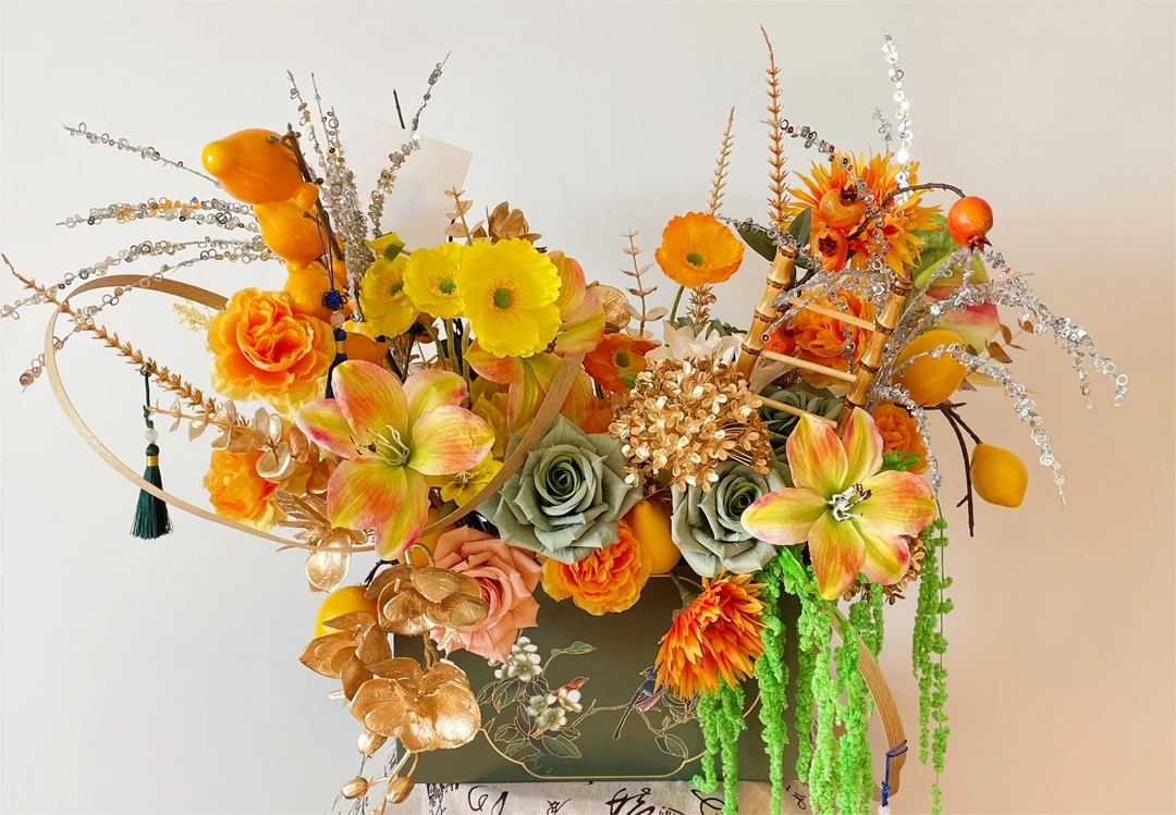 【金玉满堂】银色火树银花混搭仿真花束乔迁礼盒（需提前三天预定）送家人送朋友鲜花小时达同城送