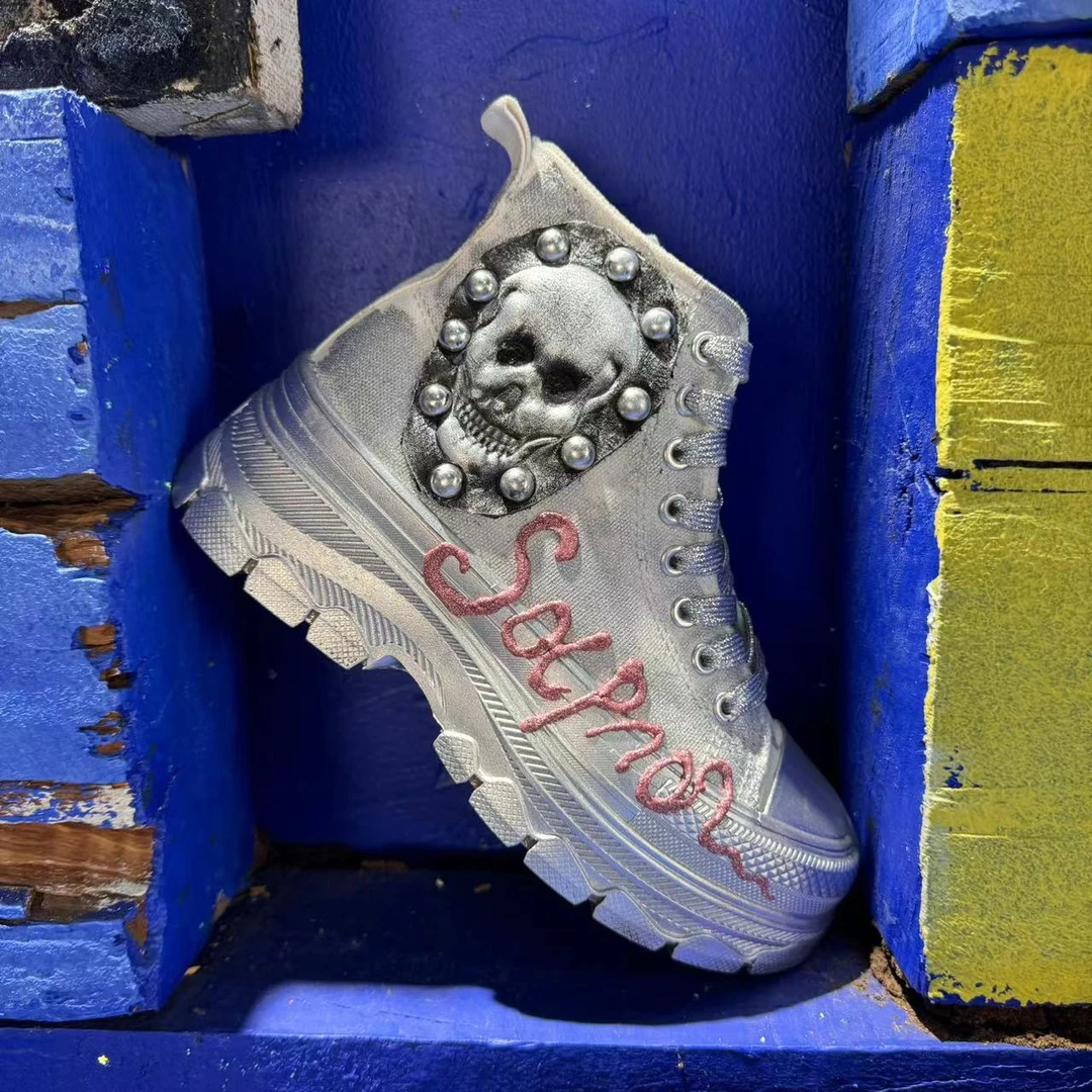 MUWEILIU/木卫六高帮厚底帆布鞋女鞋朋克风骷颅头潮流时尚休闲