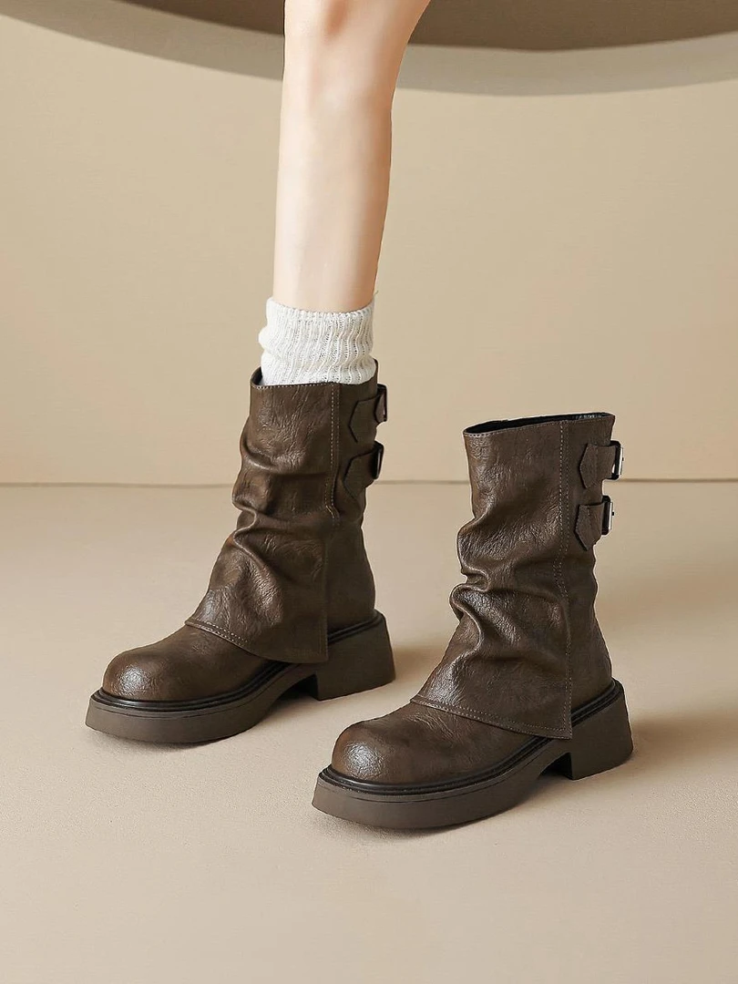 美拉德复古中筒马丁靴女英伦风2024百搭褶皱裤管堆堆厚底爆款短靴