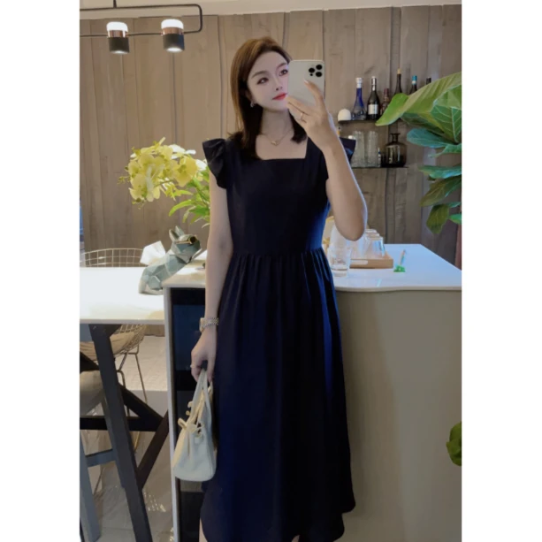 夏季新款赫本风森系显瘦的连衣裙小飞袖别致法式复古中长款裙女