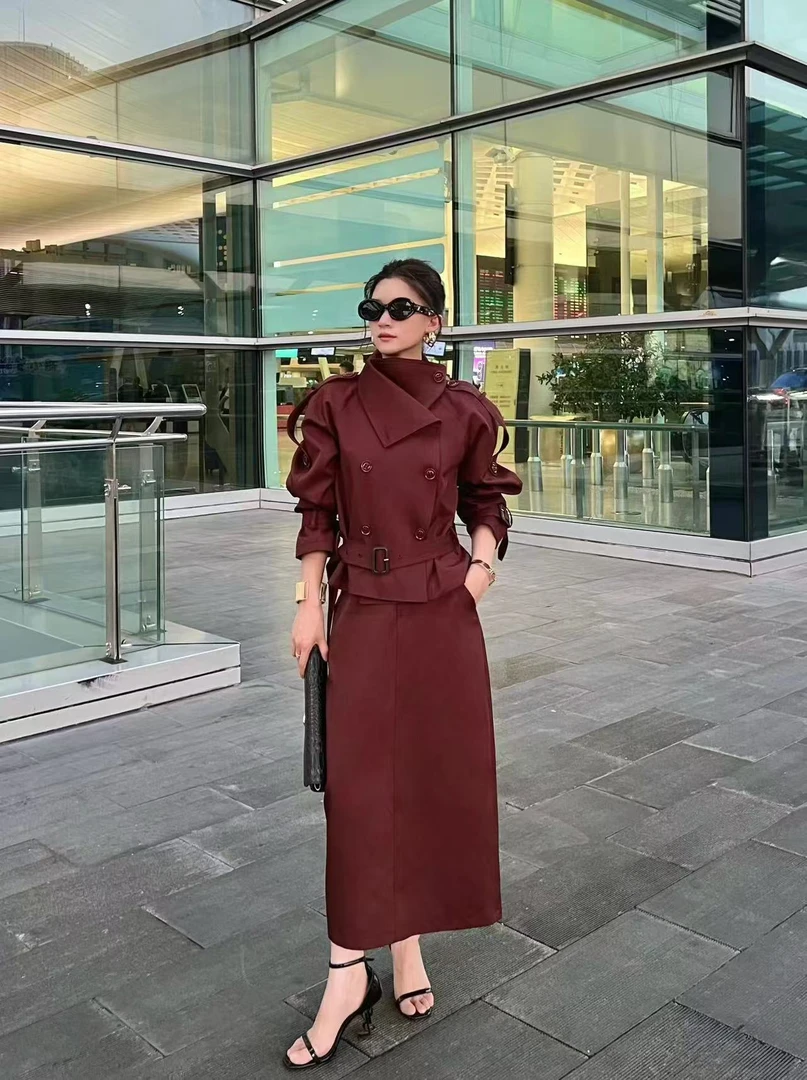 秋冬复古洋气高级感气质时尚套装开叉半身裙长裙两件套女