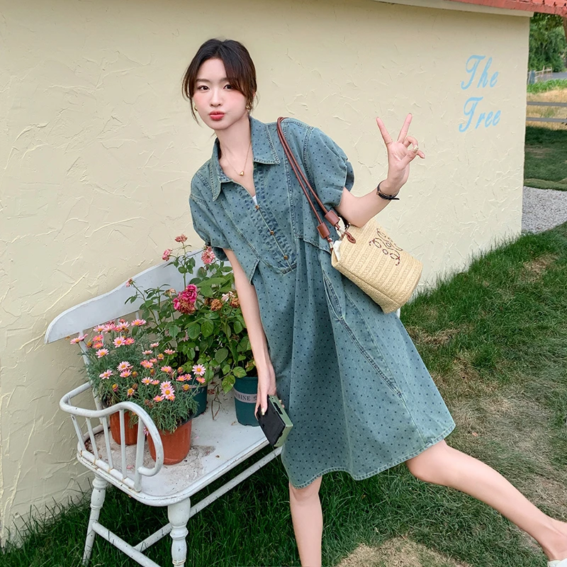 工装波点花苞袖牛仔衬衫连衣裙女夏甜酷风减龄松弛感慵懒风小个子