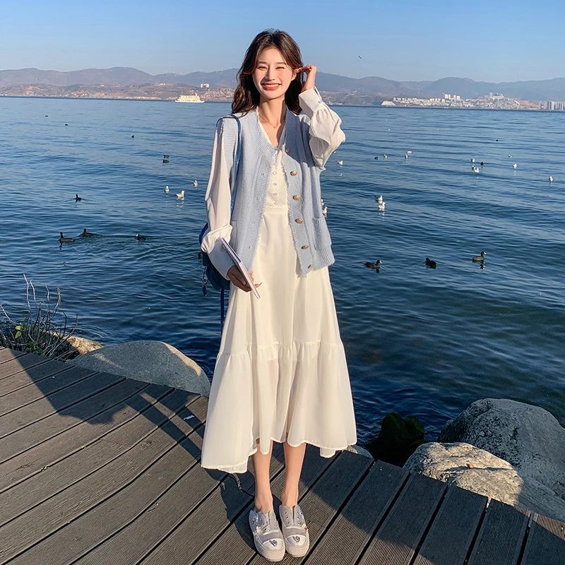 蓝色针织马甲连衣裙套装女春季2024新款法式显瘦设计感长裙两件套