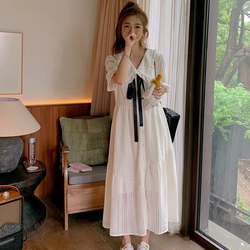 白色娃娃领连衣裙女夏2024新款初恋减龄森系小清新法式长裙少女感