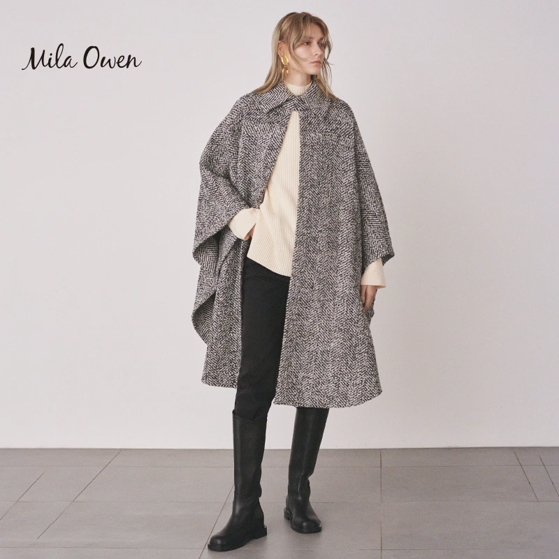 Mila Owen 春季日系混纺斗篷式大衣含羊毛优雅毛呢通勤保暖外套女