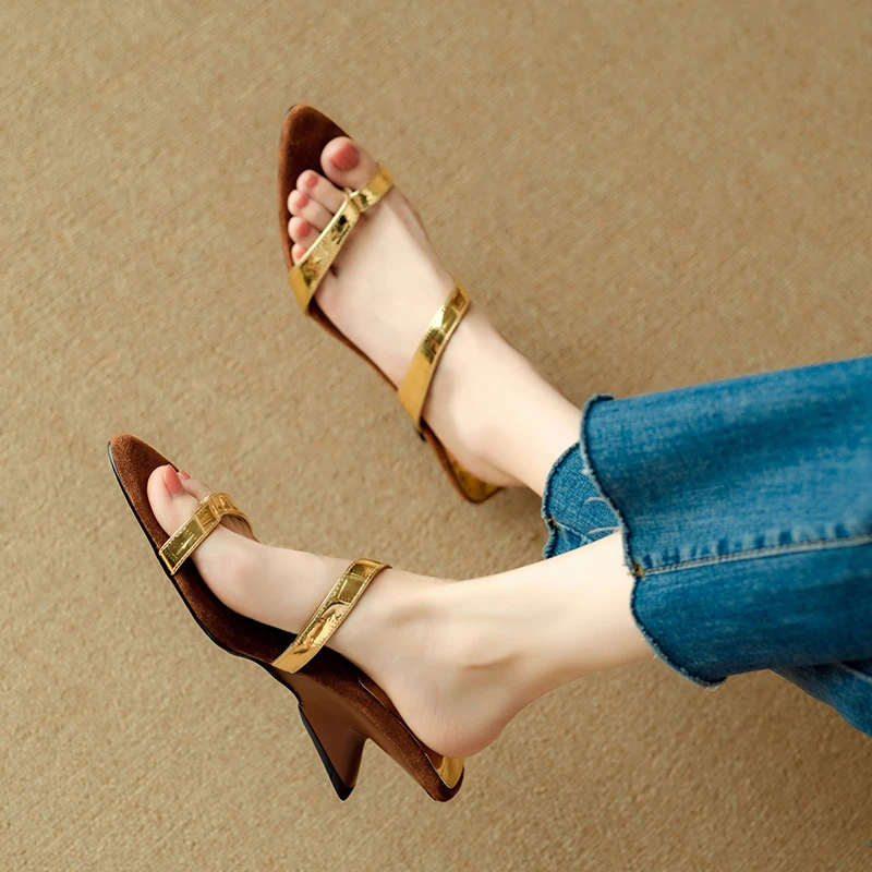 新款一字坡跟真皮凉拖鞋女轻奢高端纯手工小众气质舒适半拖女鞋DB