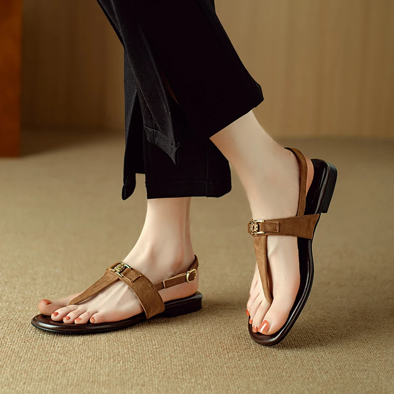 新款夹趾一字带真皮罗马露趾凉鞋女高端气质平跟舒适手工女鞋NJMK