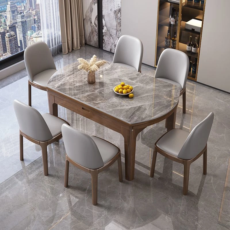 岩板实木餐桌椅组合可伸缩可折叠方圆两用家用多功能饭桌桌子